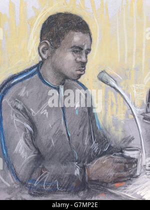 Croquis de l'artiste de la Cour par Elizabeth Cook de Brusthom Ziamani, 19 ans, qui comparaît au Old Bailey, où est accusé d'être inspiré par le meurtre de Fusilier Lee Rigby pour faire éclore son propre complot pour décaper un soldat. Banque D'Images