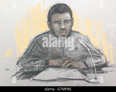 Croquis de l'artiste de la Cour par Elizabeth Cook de Brusthom Ziamani, 19 ans, qui comparaît au Old Bailey, où est accusé d'être inspiré par le meurtre de Fusilier Lee Rigby pour faire éclore son propre complot pour décaper un soldat. Banque D'Images