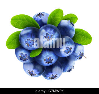 Les bleuets isolés. Fruits bleuets frais avec des feuilles isolées sur fond blanc avec clipping path Banque D'Images