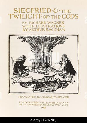 Page de titre à partir de la première édition de "& Siegfried Le Crépuscule des dieux' illustré par Arthur Rackham (1867-1939) publié en 1911 montrant les trois Nornes faisant tourner les filets du sort au pied d'Yggdrasil, l'arbre du monde. . Banque D'Images