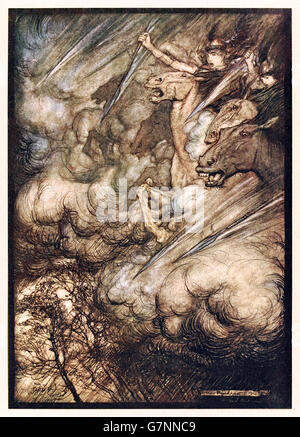 "La Chevauchée des Walkyries" de "l'or du Rhin et la Valkyrie' illustré par Arthur Rackham (1867-1939), publié en 1910. Banque D'Images