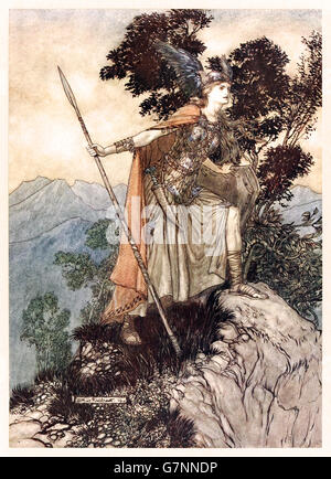 "Brunnhilde" de "l'or du Rhin et la Valkyrie' illustré par Arthur Rackham (1867-1939), publié en 1910. Brunnhilde regarde vers le bas sur Siegmund et Sieglinde dans la vallée ci-dessous. Banque D'Images