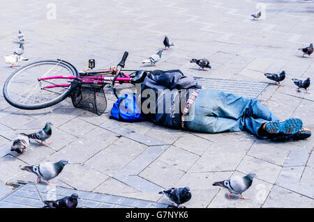 Un homme ivre dort dans une place publique à côté de son vélo pendant que les pigeons à pied autour de lui. Banque D'Images