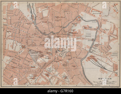 Ville antique de Norwich city centre plan. Le Norfolk. 1910 BAEDEKER, carte antique Banque D'Images