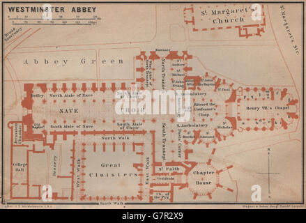 Plan d'étage de l'abbaye de Westminster. St Margaret's Church. Londres. Carte BAEDEKER, 1905 Banque D'Images