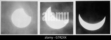 Voici trois phases de l'éclipse du soleil vue de Londres. Au début du phénomène, seule une petite partie du disque du Soleil est obscurcie par la Lune, mais dans la phase finale de l'éclipse (à l'extrême droite), seul un quart du Soleil en forme de croissant reste visible. Dans d'autres parties du monde, l'éclipse était totale. Une éclipse similaire ne sera pas vue avant le 14 juin 2151, dans 197 ans. Banque D'Images
