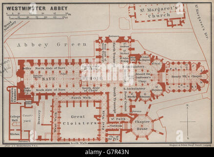 Plan d'étage de l'abbaye de Westminster. St Margaret's Church. Londres. Carte BAEDEKER, 1930 Banque D'Images