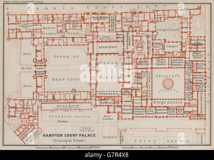 HAMPTON COURT PALACE (étage principal) plan. Londres. Ancienne carte BAEDEKER, 1930 Banque D'Images