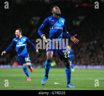 Football - coupe FA - Sixième manche - Manchester United / Arsenal - Old Trafford.Danny Welbeck d'Arsenal célèbre le deuxième but de son équipe contre Manchester United. Banque D'Images