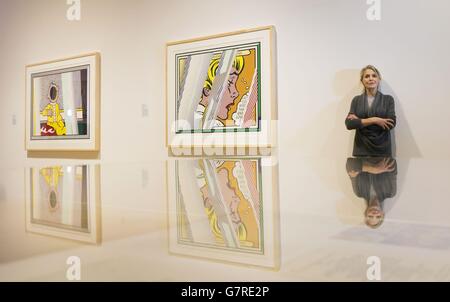 Dorothy Lichtenstein, veuve de l'artiste pop américain Roy Lichtenstein, est photographiée avec une œuvre de Lichtenstein, dans le cadre de l'exposition « Reflection: A series of Changing Displays of Contemporary Art » à la Galerie écossaise d'art moderne d'Édimbourg. Banque D'Images