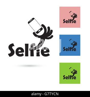 Mot selfies éléments du logo design.Prendre photo portrait selfies sur smart phone concept icône. Élément de design concept selfies. Vector Illustration de Vecteur