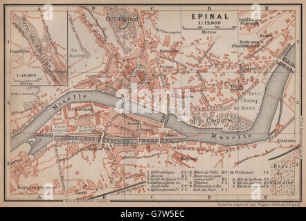 Plan de la ville d'EPINAL ville antique de la ville. Vosges. Épinal carte 1899 carte ancienne Banque D'Images