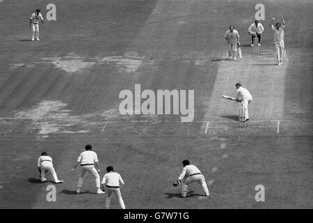 Le batteur d'Angleterre John Price a pris dans les slips par Greg Chappell d'une balle de Bob Massie (en haut à droite, bras levés), après avoir mis un galant 19 dans un stand de dernière-cricket de l'Angleterre à Lord.L'autre batteur est non battu Norman Gifford, qui avait fait 16 ans.L'Angleterre était sortie pour 116 et l'Australie avait besoin de 81 pour remporter le deuxième Test.Massie avait pris 8 pour 53, lui donnant des chiffres de match de 16 pour 127, troisième meilleur dans l'histoire de Test. Banque D'Images