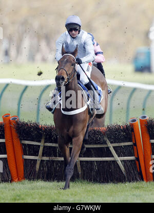 Différents Gravey, criblés par le jockey Nico de Boinville, remporte la course de haies des novices du West Sound lors du Grand National Festival de Coral Scottish en 2015 à l'hippodrome d'Ayr. Banque D'Images