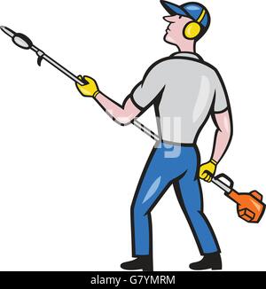 Cartoon style illustration de jardinier homme taille-haie holding à la recherche sur le côté vue de l'arrière fixé sur un fond blanc. Illustration de Vecteur