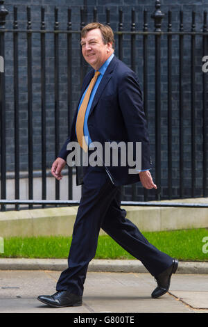 John Whittingdale, le nouveau secrétaire à la Culture, arrive au 10 Downing Street à Londres, alors que le premier ministre met la touche finale à son nouveau cabinet. Banque D'Images