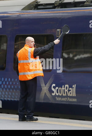 Stock ScotRail.Un train ScotRail exploité par Abellio à la gare centrale de Glasgow en Écosse. Banque D'Images