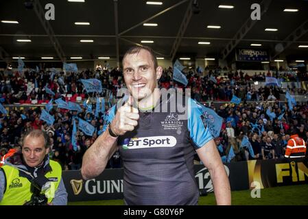 Rugby Union - Guinness PRO12 final - Munster v Glasgow Warriors - Kingspan Stadium.Al Kellock, capitaine du guerrier de Glasgow, célèbre après la finale Guinness PRO12 au Kingspan Stadium, à Belfast. Banque D'Images