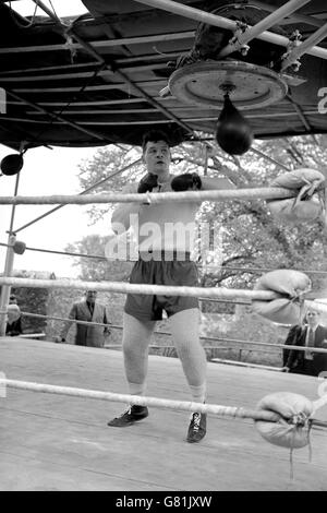 Boxe - Bruce Woodcock - formation.Le champion britannique de poids lourd Bruce Woodcock travaille sur le sac de vitesse pendant l'entraînement Banque D'Images