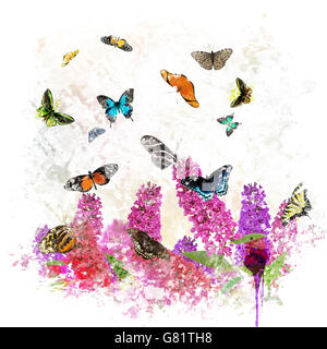 Peinture numérique de papillons et fleurs Banque D'Images