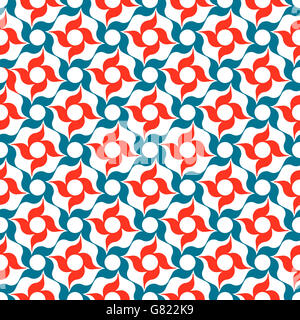 Treillis Arabesque rouge et bleu stylisé de quatre pétales de fleurs sur fond blanc. Répéter sans couture. Banque D'Images