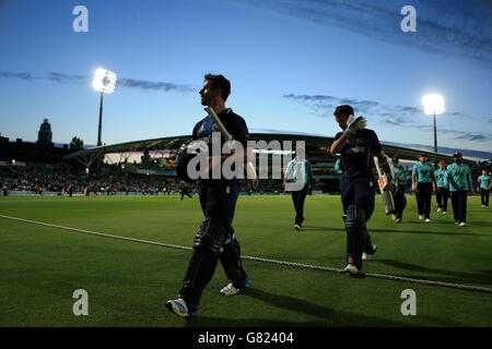 Ryan Ten Doeschate et James Foster d'Essex Eagles quittent le Terrain après victoire contre Surrey Banque D'Images