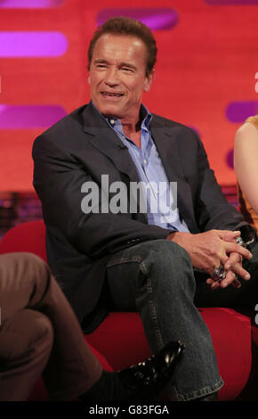 Arnold Schwarzenegger pendant le tournage du Graham Norton Show aux London Studios, dans le sud de Londres, qui sera diffusé vendredi. Banque D'Images