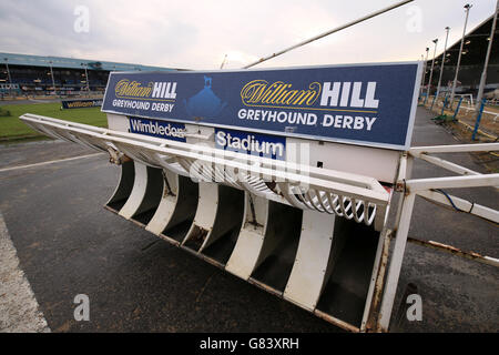 Greyhound Racing - William Hill Derby - semi-finales - Wimbledon Stadium. La marque William Hill sur les portes de départ Banque D'Images