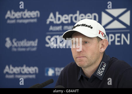 Scot Stephen Gallacher répond aux questions des médias lors d'une journée de prévisualisation avant l'Open d'Écosse au Gullane Golf Club, East Lothian. APPUYEZ SUR ASSOCIATION photo. Date de la photo: Mercredi 8 juillet 2015. Voir PA Story GOLF Scottish Open. Le crédit photo devrait se lire comme suit : Kenny Smith/PA Wire. RESTRICTIONS : aucune utilisation commerciale. Pas de fausse association commerciale. Pas d'émulation vidéo. Aucune manipulation des images. Banque D'Images