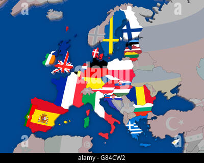 Carte de l'Union européenne avant l'Brexit avec les drapeaux des États membres a mis en évidence et d'autres pays en grisé. Illustration 3D . Banque D'Images