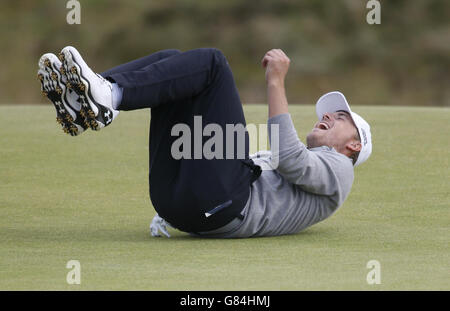 Le Jordan Spieth aux États-Unis réagit à un putt manqué sur le 5ème vert lors d'une journée d'entraînement avant le Championnat d'Open 2015 à St Andrews, Fife. Banque D'Images