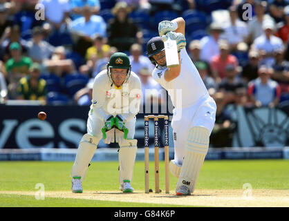 Joe Root, batteur d'Angleterre, a été observé par le gardien de cricket australien Brad Haddin lors du premier test Investec Ashes au stade SWALEC, à Cardiff. Banque D'Images