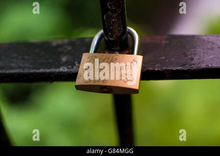 L'amour ou l'amour de verrouillage cadenas sur une clôture métallique. Banque D'Images