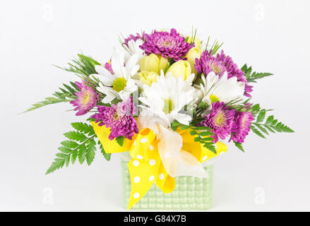 Close up de marguerites et tulipes disposées dans un vase en céramique vert jaune et blanc avec un ruban à pois arc. Banque D'Images