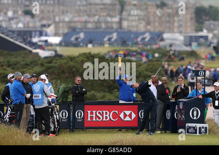 Justin Rose, d'Angleterre, part du 6e au cours d'une journée d'entraînement avant le Championnat d'Open 2015 à St Andrews, Fife. Banque D'Images