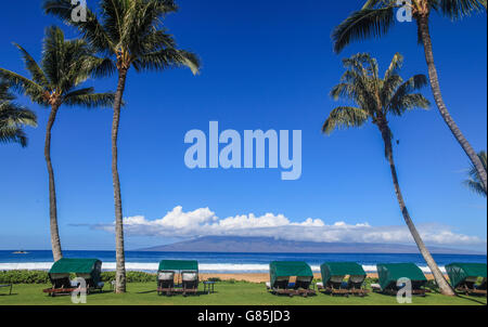 Palmiers et de cabanas par plage de Maui Kaanapali Banque D'Images