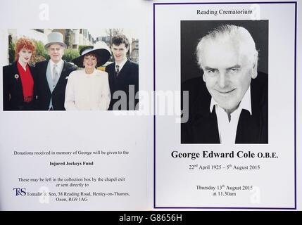 L'ordre de service pour les funérailles de George Cole au crématorium de Reading. Banque D'Images