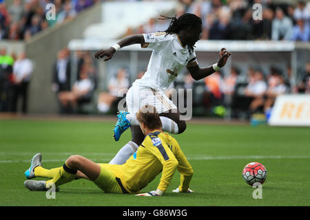 Le Bafetimbi Gomis de Swansea City marque le premier but du match de la Barclays Premier League au Liberty Stadium, à Swansea. Banque D'Images