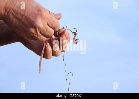 Woman Putting appât sur crochet de pêche Banque D'Images