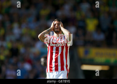 Le Mato Joselu de Stoke City semble abattu après avoir manqué une chance sur le but lors du match de la Barclays Premier League à Carrow Road, Norwich. Banque D'Images