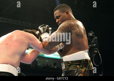 Dillian Whyte (à droite) en action contre Beka Lobjanidze à l'Odyssey Arena, Belfast. Banque D'Images