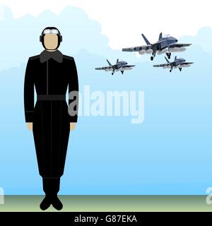 Un soldat en uniforme sur l'arrière-plan du pilote aux commandes des avions militaires. L'illustration sur un fond blanc. Banque D'Images