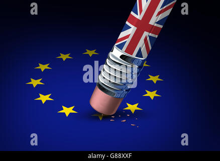 Décision de l'Union européenne la Grande-Bretagne comme un brexit quitter concept et UK laissant voter ou crise de la zone euro qu'un crayon avec le drapeau britannique l'effacement d'une star de l'Europe comme une icône 3D illustration. Banque D'Images