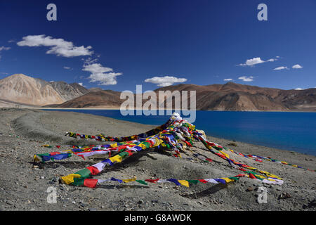 Les drapeaux de prières, Pangong-Lake, Ladakh, Inde, le Jammu-et-Kaschmir Banque D'Images