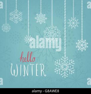 Bonjour texte d'hiver. Brosse à vecteur de lettrage. La conception de cartes personnalisées avec la calligraphie. Cartes de vœux pour la saison, les médias sociaux. Illustration de Vecteur