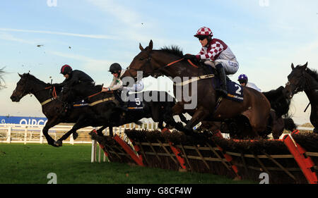 Le gagnant final de la William Hill handicap Hillicap Hillidle Nabucco criblé par Aidan Coleman (à l'extrême gauche) saute pendant le Halloween Raceday à l'hippodrome d'Ascot, Berkshire.APPUYEZ SUR ASSOCIATION photo.Date de la photo: Samedi 31 octobre 2015.Voir PA Story RACING Ascot.Le crédit photo devrait se lire comme suit : John Walton/PA Wire. Banque D'Images