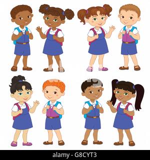 Ensemble garçon et fille avec des sacs à dos de l'élève de l'Afrique de l'Inde, de l'école séjour cartoon vector isolés Illustration de Vecteur