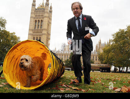 Rocco le Cockapoo avec le propriétaire MP Hugo Swire pendant les épreuves de la 23e compétition du chien de l'année de Westminster, organisée conjointement par Dogs Trust et le Kennel Club, au Victoria Tower Gardens à Londres. Banque D'Images