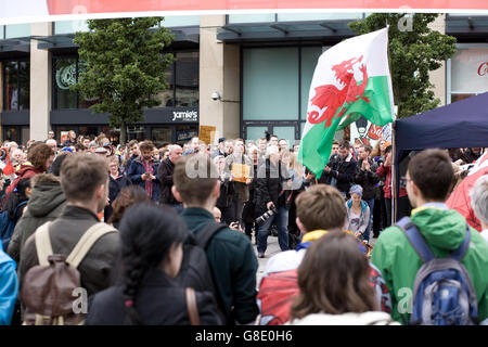 Cardiff, Royaume-Uni. 28 Juin, 2014. En tant que ville de Cardiff se rassemble pour célébrer l'Europe après les incidents racistes à la suite du référendum de l'UE et brexit. Parmi les orateurs figuraient le leader Plaid Cymru Leanne Bois. Credit : Amonochromedream.com/Alamy Live News Banque D'Images