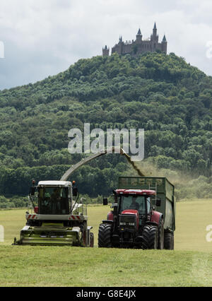 Bisingen, Allemagne. 28 Juin, 2016. Ce qu'on appelle l'ensileuse herbe et un tracteur de l'herbe pour l'alimentation du bétail de la récolte, avec le Château de Hohenzollern, représenté à l'arrière-plan, près de Bisingen, Allemagne, 28 juin 2016. Photo : PATRICK SEEGER/dpa/Alamy Live News Banque D'Images